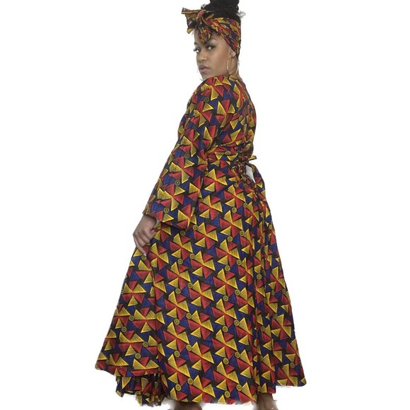 Multicolor Rainbow African Print Bell-Sleeve Wrap Dress - Picture 2 of 3
